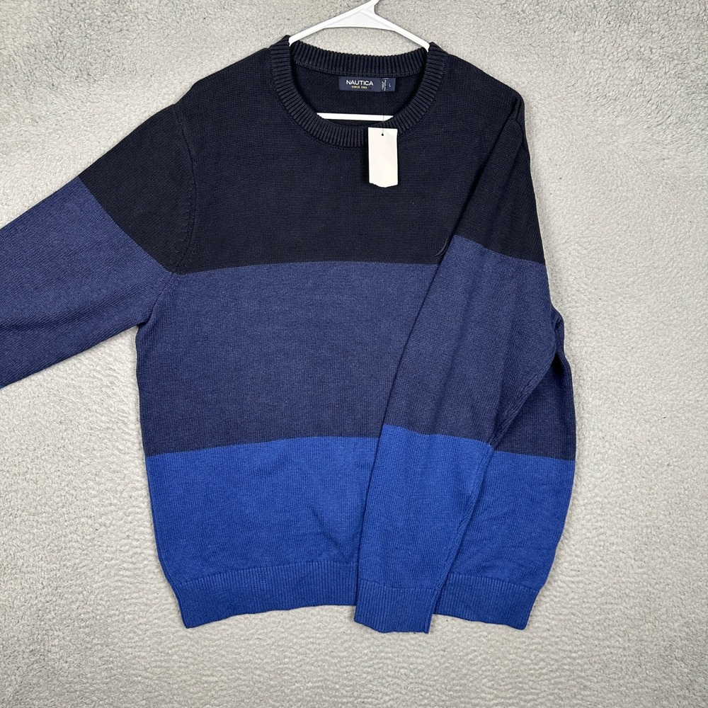 NEW Nautica Sweater Mens Large Blue Navy Colorblock Soft Knit Crewneck Pullover